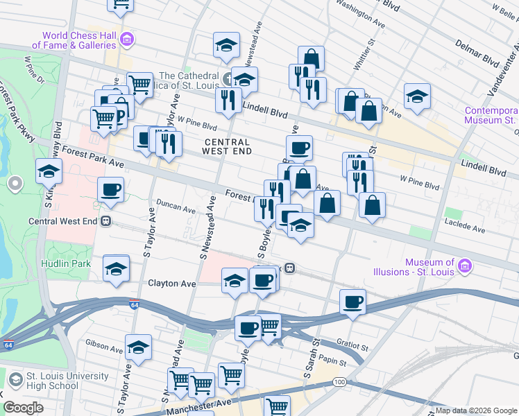 map of restaurants, bars, coffee shops, grocery stores, and more near 4320 Forest Park Avenue in St. Louis