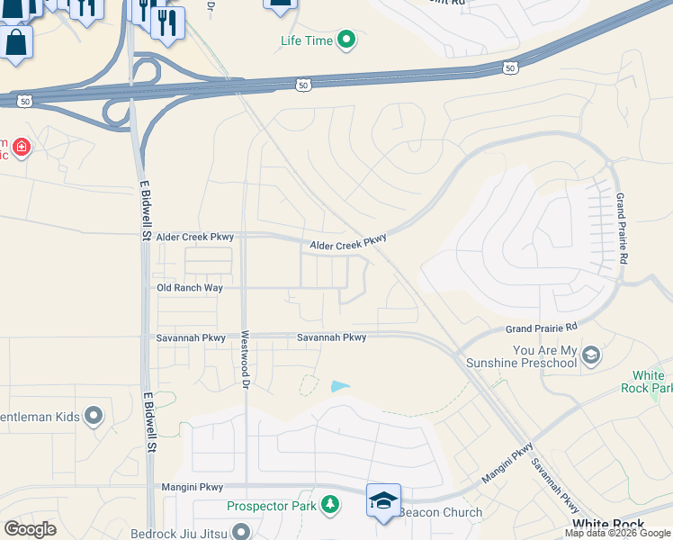 map of restaurants, bars, coffee shops, grocery stores, and more near Placerville Road in Folsom