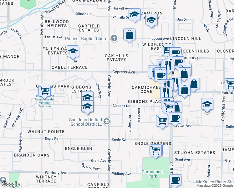 map of restaurants, bars, coffee shops, grocery stores, and more near 3928 Henderson Way in Carmichael