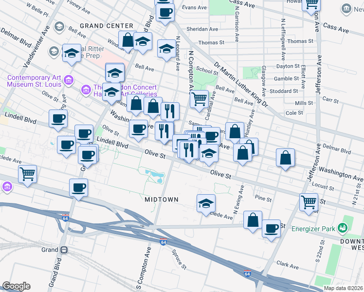map of restaurants, bars, coffee shops, grocery stores, and more near 3141 Locust Street in St. Louis