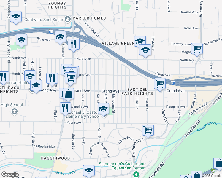 map of restaurants, bars, coffee shops, grocery stores, and more near 1873 Grand Avenue in Sacramento