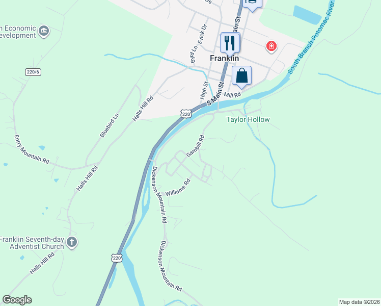 map of restaurants, bars, coffee shops, grocery stores, and more near Wayne Edwards Road in Franklin