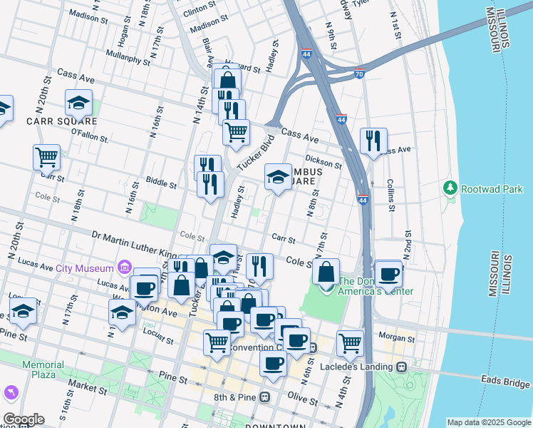 map of restaurants, bars, coffee shops, grocery stores, and more near 2 Columbus Square Drive in St. Louis