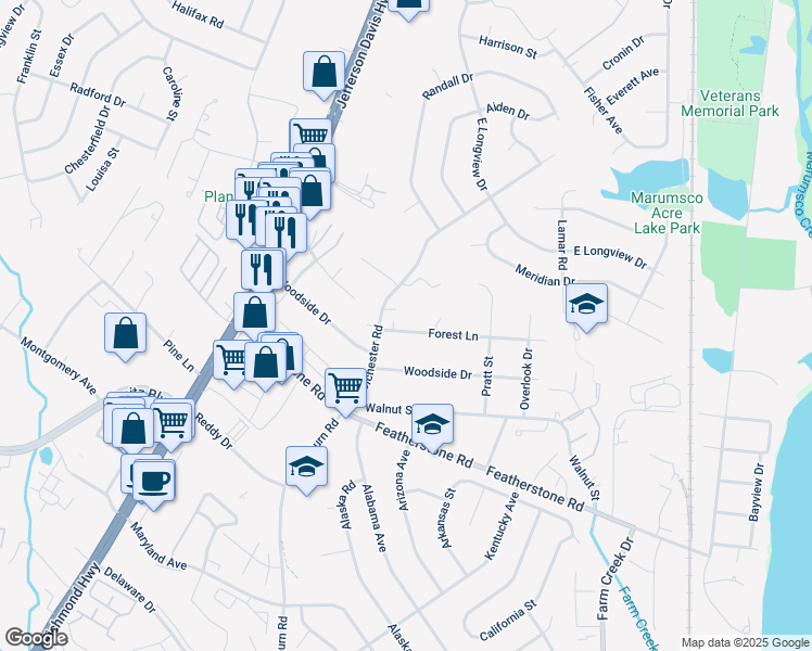 map of restaurants, bars, coffee shops, grocery stores, and more near 1518 Forest Lane in Woodbridge