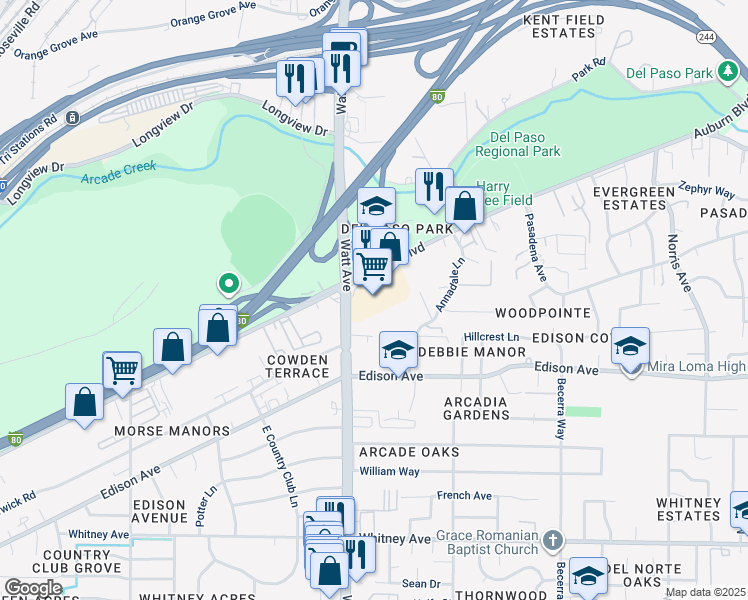 map of restaurants, bars, coffee shops, grocery stores, and more near 3510 Auburn Boulevard in Sacramento