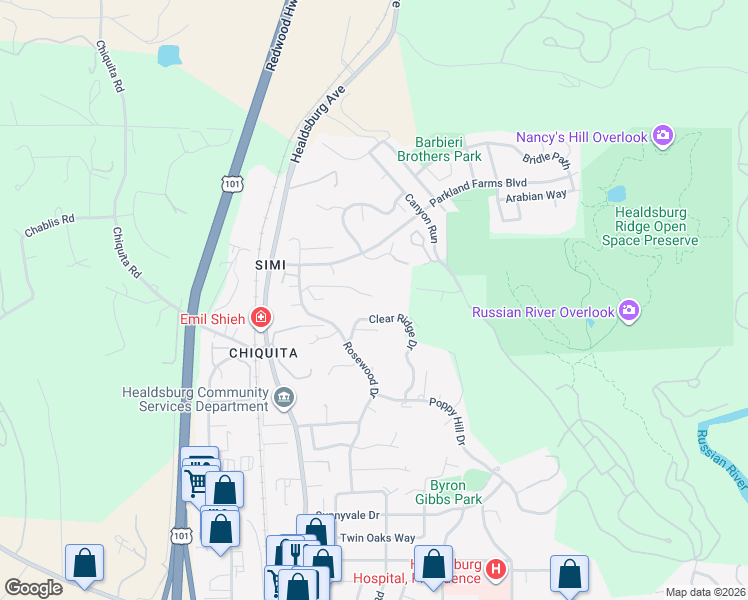 map of restaurants, bars, coffee shops, grocery stores, and more near 16040 Healdsburg Avenue in Healdsburg