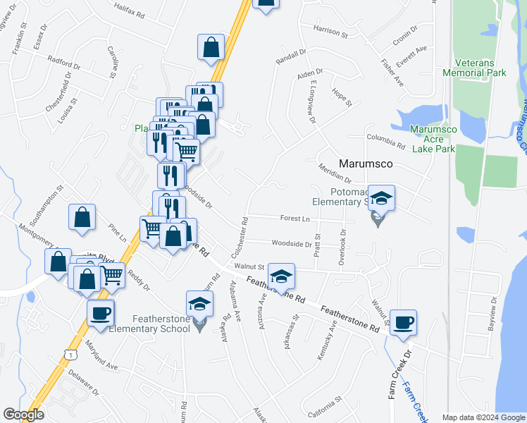 map of restaurants, bars, coffee shops, grocery stores, and more near 1518 Forest Lane in Woodbridge