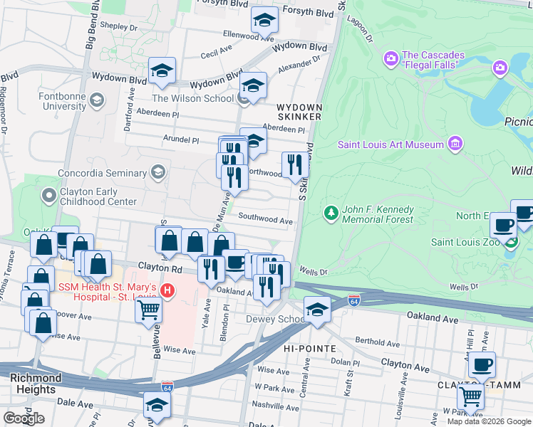 map of restaurants, bars, coffee shops, grocery stores, and more near 6308 South Rosebury Avenue in Clayton