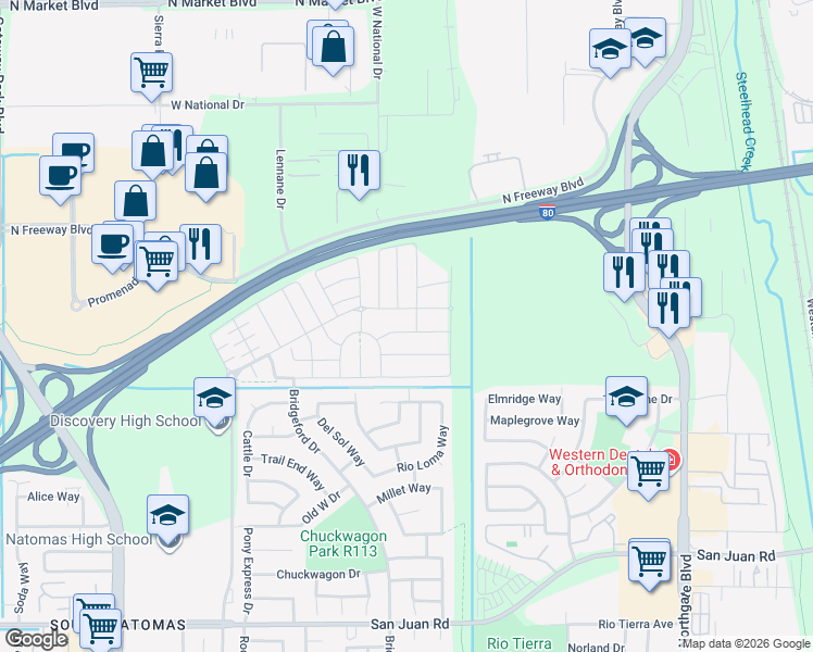map of restaurants, bars, coffee shops, grocery stores, and more near 1205 Aspenparke Way in Sacramento