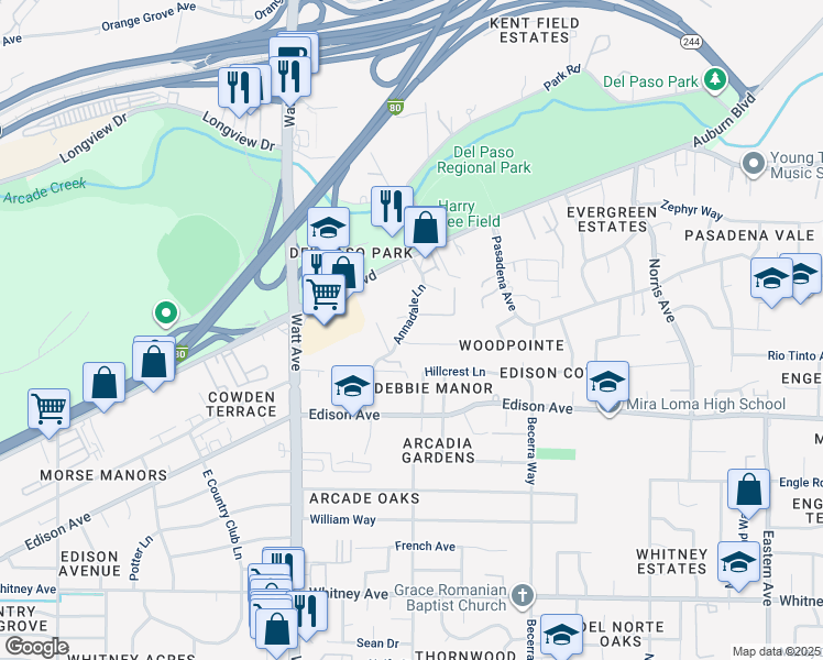 map of restaurants, bars, coffee shops, grocery stores, and more near 3911 Annadale Lane in Sacramento
