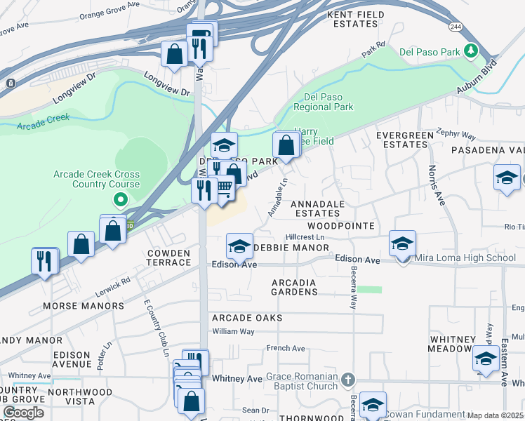 map of restaurants, bars, coffee shops, grocery stores, and more near 3849 Annadale Lane in Sacramento
