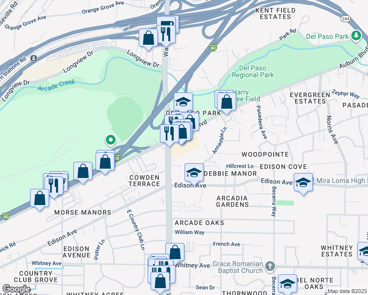 map of restaurants, bars, coffee shops, grocery stores, and more near 3510 Auburn Boulevard in Sacramento