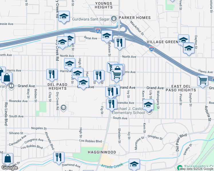 map of restaurants, bars, coffee shops, grocery stores, and more near 3813 Balsam Street in Sacramento