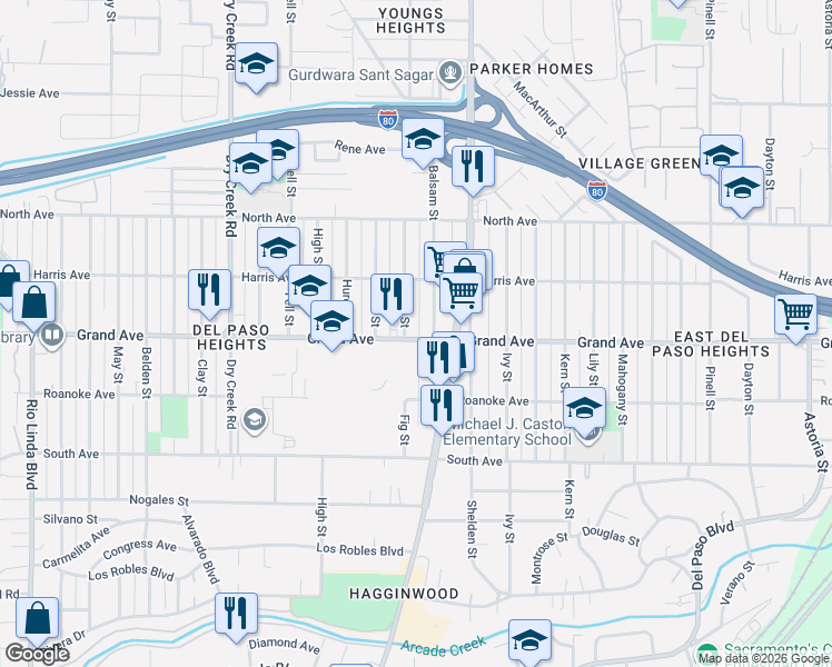 map of restaurants, bars, coffee shops, grocery stores, and more near 3813 Balsam Street in Sacramento
