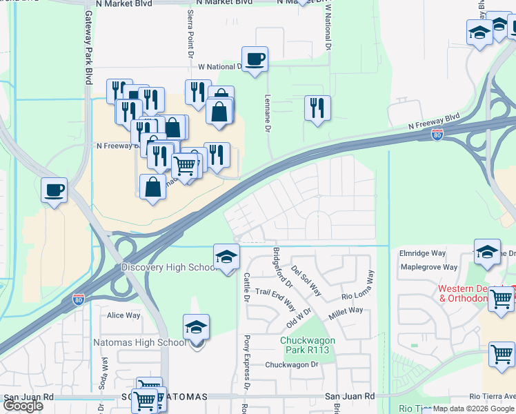 map of restaurants, bars, coffee shops, grocery stores, and more near 3841 Havengate Way in Sacramento