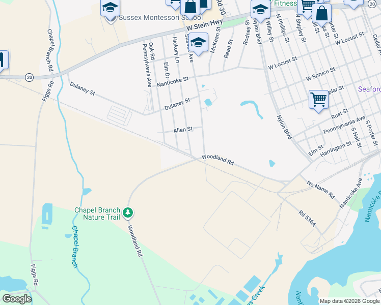 map of restaurants, bars, coffee shops, grocery stores, and more near 206 Hickory Lane in Seaford