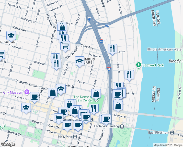 map of restaurants, bars, coffee shops, grocery stores, and more near 1218 North 8th Street in St. Louis