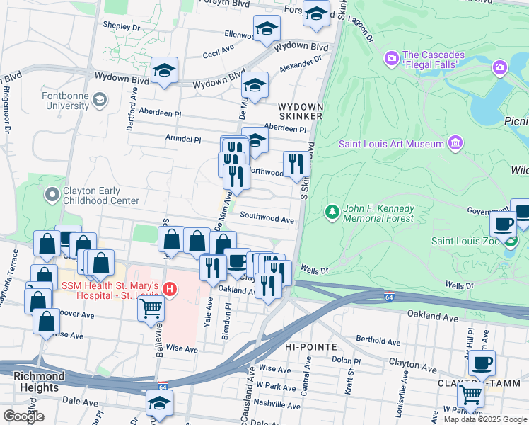map of restaurants, bars, coffee shops, grocery stores, and more near 6308 South Rosebury Avenue in Clayton