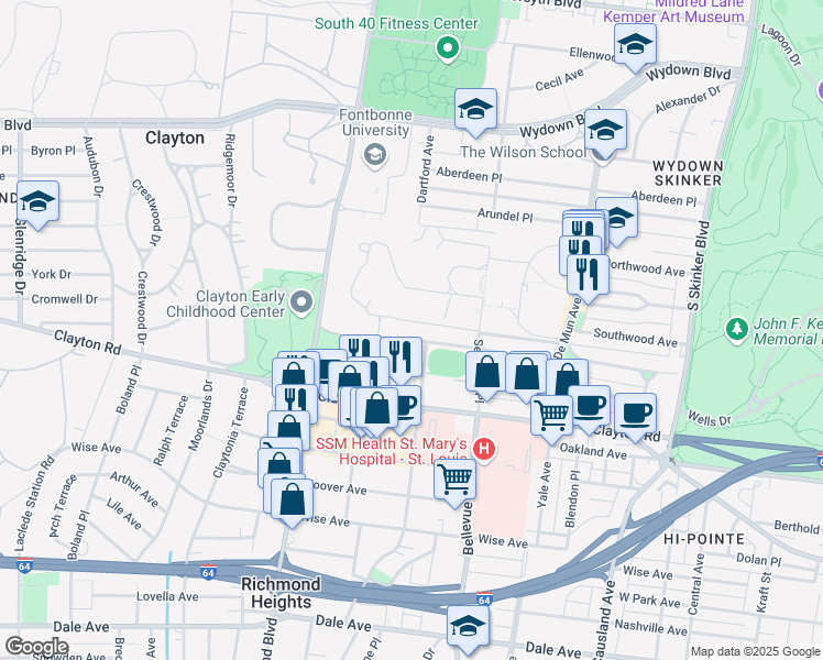 map of restaurants, bars, coffee shops, grocery stores, and more near 6629 San Bonita Avenue in Clayton