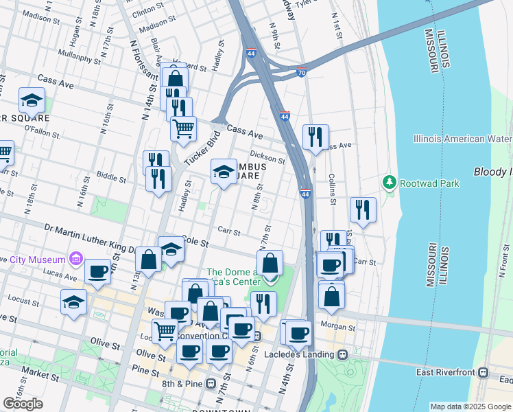 map of restaurants, bars, coffee shops, grocery stores, and more near 1218 North 8th Street in St. Louis