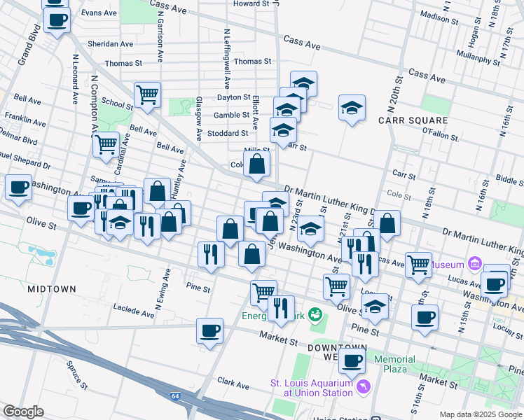 map of restaurants, bars, coffee shops, grocery stores, and more near 2638 Delmar Boulevard in St. Louis