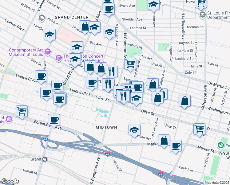 map of restaurants, bars, coffee shops, grocery stores, and more near in St. Louis