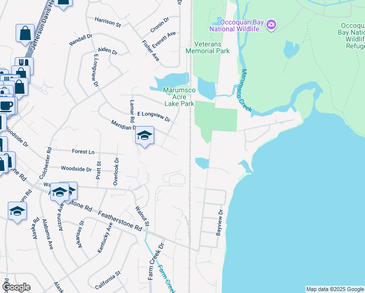 map of restaurants, bars, coffee shops, grocery stores, and more near 14462 Meridian Drive in Woodbridge