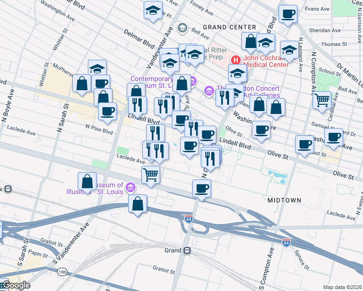 map of restaurants, bars, coffee shops, grocery stores, and more near 3663 Lindell Boulevard in St. Louis