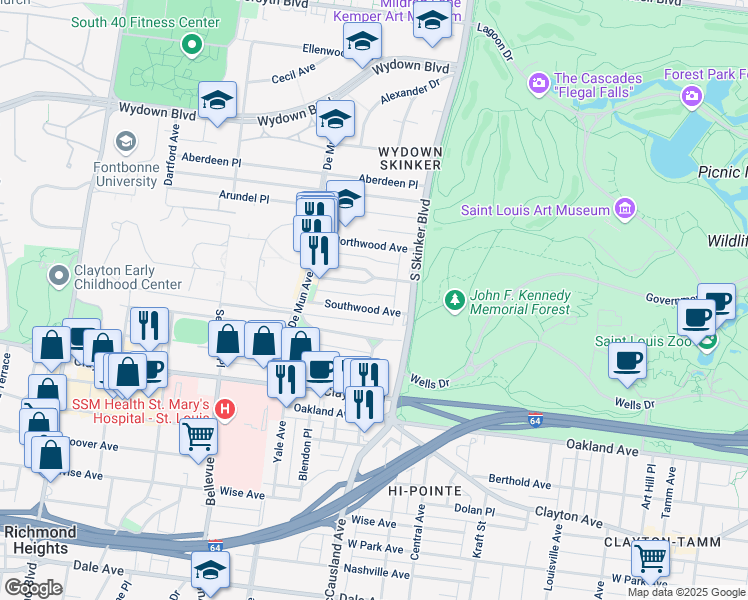 map of restaurants, bars, coffee shops, grocery stores, and more near 6241 Southwood Avenue in St. Louis