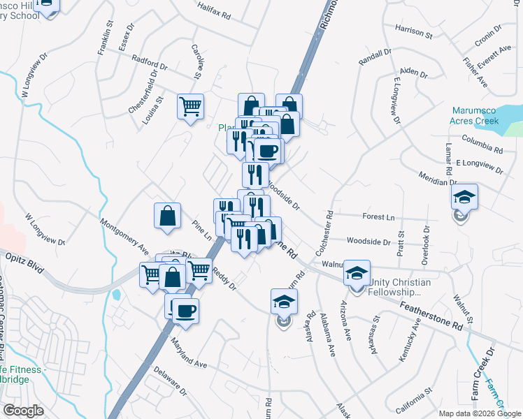 map of restaurants, bars, coffee shops, grocery stores, and more near 1832 Featherstone Road in Woodbridge