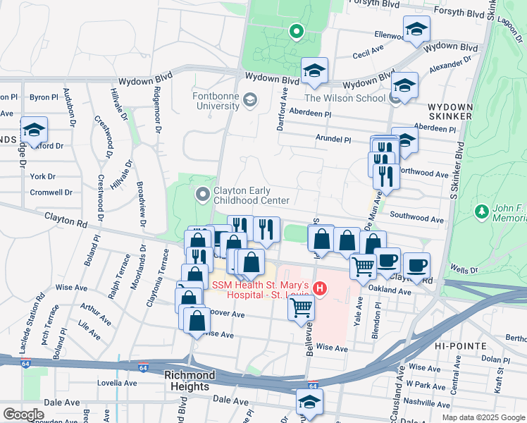 map of restaurants, bars, coffee shops, grocery stores, and more near 6629 San Bonita Avenue in Clayton