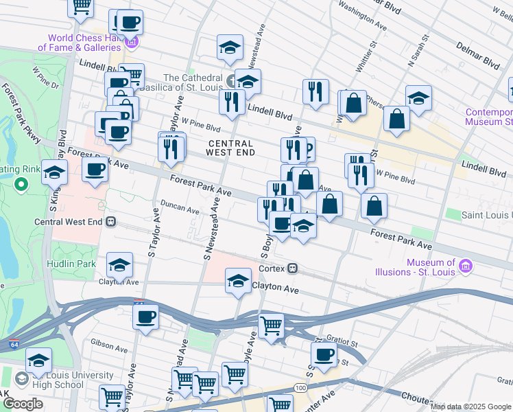 map of restaurants, bars, coffee shops, grocery stores, and more near 4352 Forest Park Avenue in St. Louis