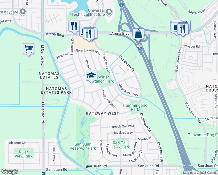 map of restaurants, bars, coffee shops, grocery stores, and more near 3758 Far Niente Way in Sacramento