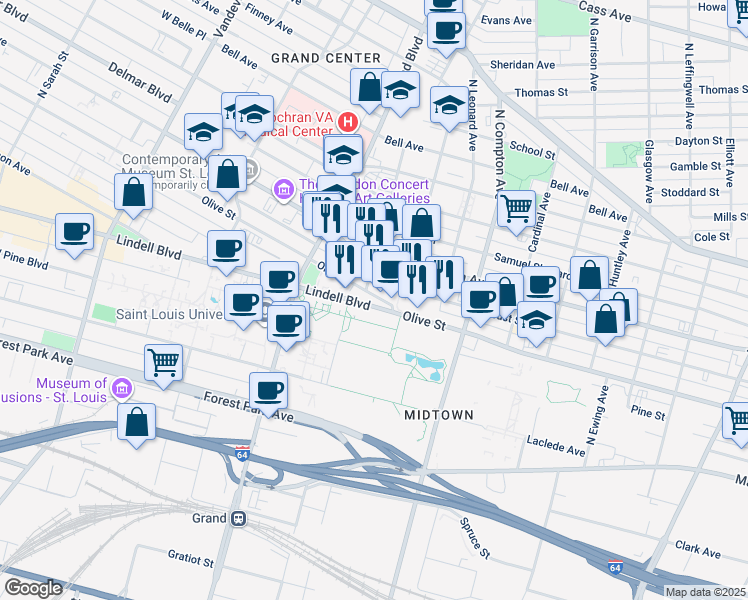 map of restaurants, bars, coffee shops, grocery stores, and more near 3420 Olive Street in St. Louis