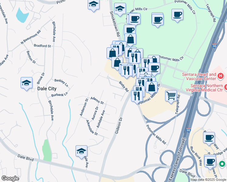 map of restaurants, bars, coffee shops, grocery stores, and more near 2924 Glory Court in Woodbridge