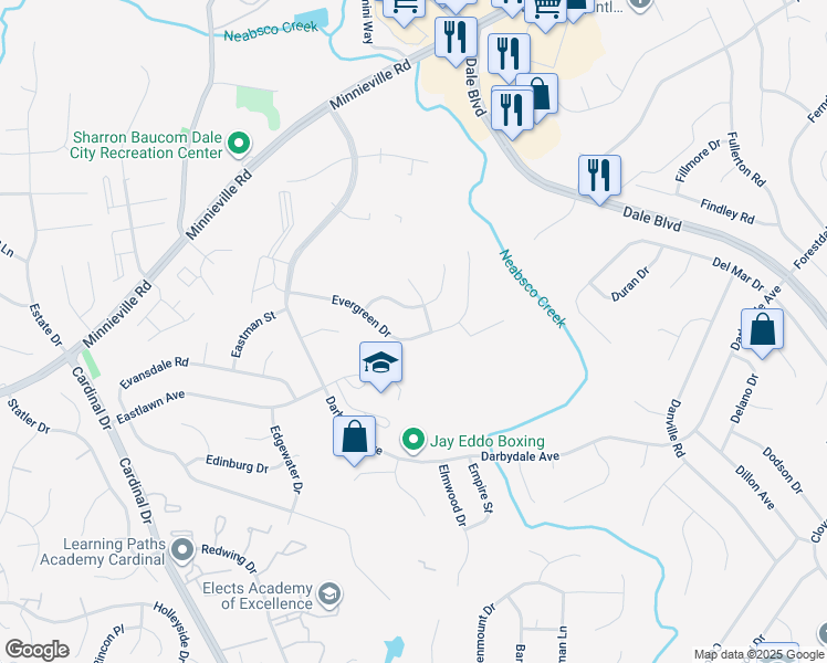 map of restaurants, bars, coffee shops, grocery stores, and more near 4302 Evergreen Drive in Woodbridge