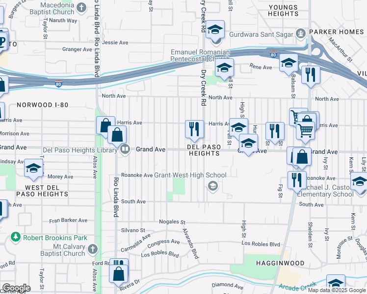 map of restaurants, bars, coffee shops, grocery stores, and more near 3805 Clay Street in Sacramento
