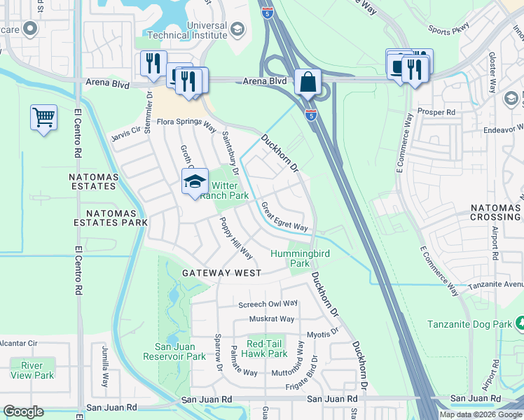 map of restaurants, bars, coffee shops, grocery stores, and more near 3038 Great Egret Way in Sacramento