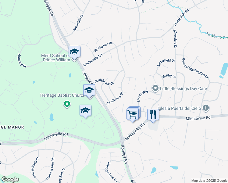 map of restaurants, bars, coffee shops, grocery stores, and more near 5679 Sutter Lane in Woodbridge