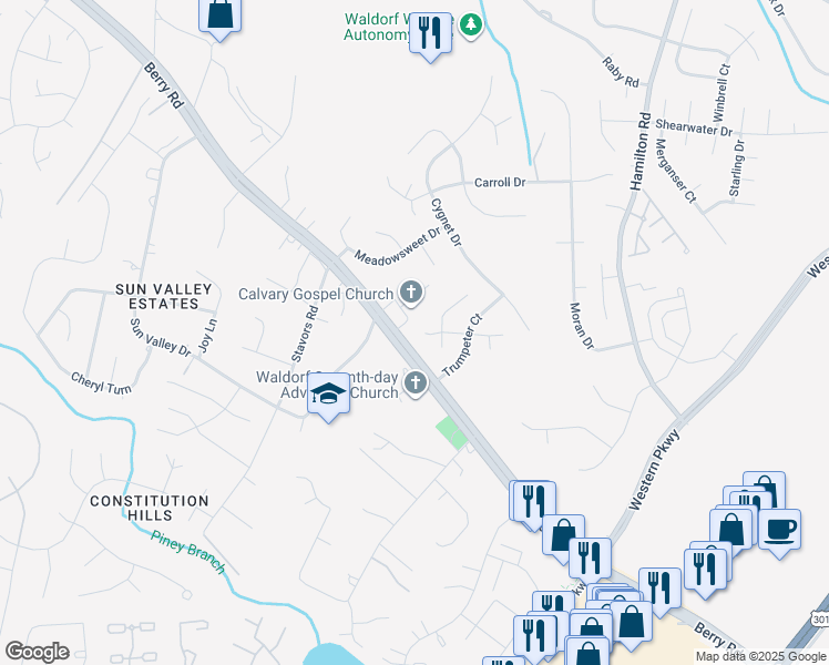 map of restaurants, bars, coffee shops, grocery stores, and more near 11800 Bewicks Court in Waldorf