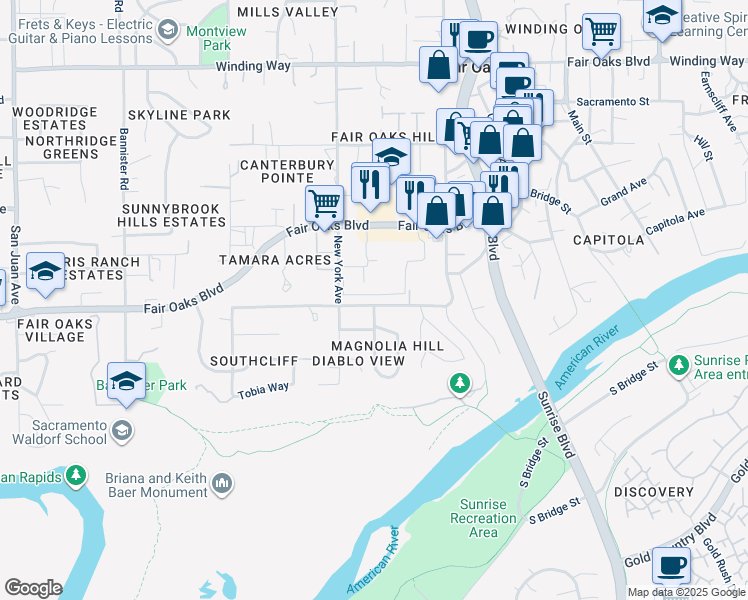 map of restaurants, bars, coffee shops, grocery stores, and more near 7821 Magnolia Avenue in Fair Oaks