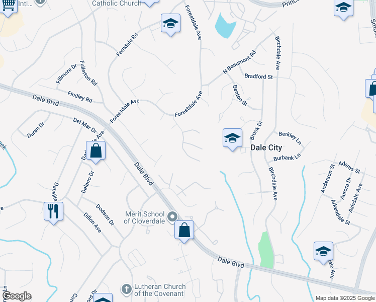map of restaurants, bars, coffee shops, grocery stores, and more near 14623 Bakersfield Street in Woodbridge