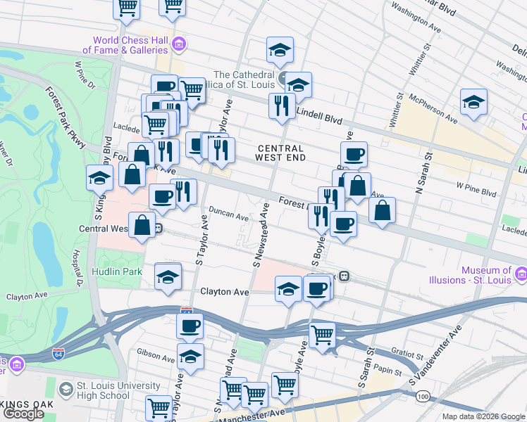 map of restaurants, bars, coffee shops, grocery stores, and more near 4400 Forest Park Avenue in St. Louis