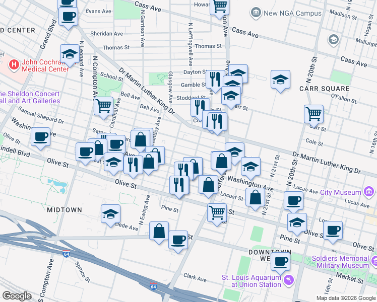 map of restaurants, bars, coffee shops, grocery stores, and more near 2717 Samuel Shepard Drive in St. Louis
