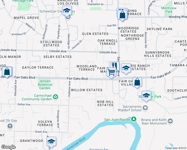 map of restaurants, bars, coffee shops, grocery stores, and more near 4017 Cobblestone Lane in Carmichael