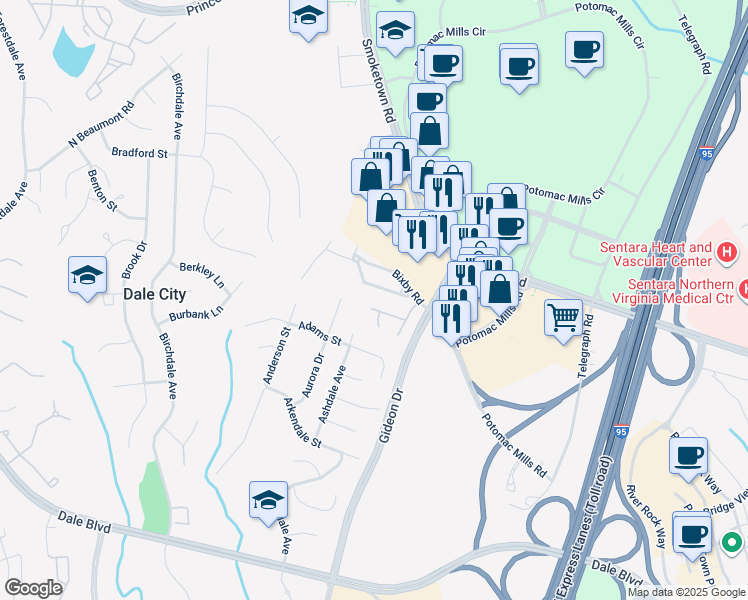 map of restaurants, bars, coffee shops, grocery stores, and more near 2924 Glory Court in Woodbridge