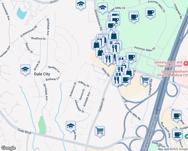 map of restaurants, bars, coffee shops, grocery stores, and more near 2932 Glory Court in Woodbridge