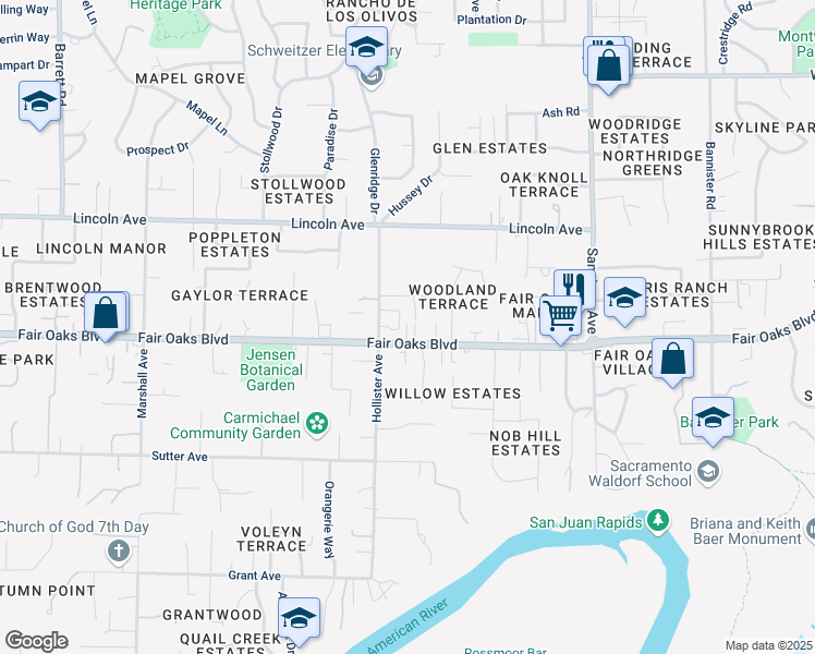 map of restaurants, bars, coffee shops, grocery stores, and more near 8725 Fair Oaks Boulevard in Carmichael