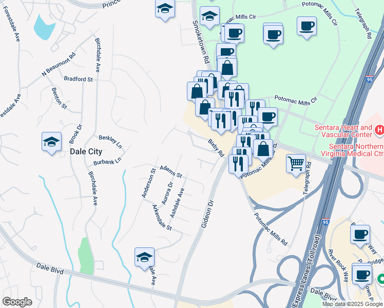 map of restaurants, bars, coffee shops, grocery stores, and more near 2932 Glory Court in Woodbridge