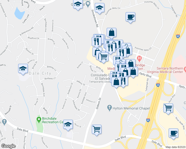 map of restaurants, bars, coffee shops, grocery stores, and more near 2928 Glory Court in Woodbridge